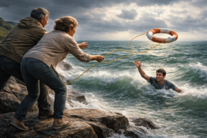 Eltern retten ihren Sohn im Sturm